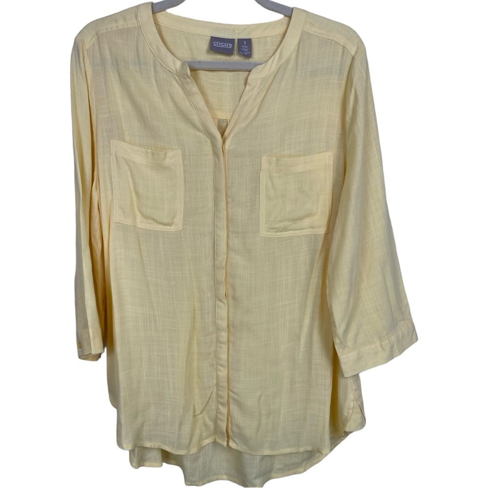 🥑5/$25 Chico's womens 3/4 Sleeve yellow Button Blouse Size 1 medium